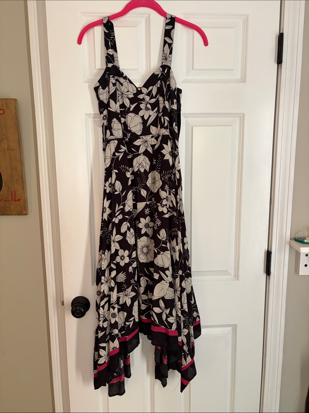 Anthropologie Black and White Floral High-Low Dress with Pink Trim